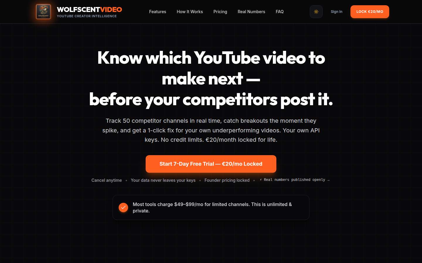 Wolfscent Video homepage: Know which YouTube video to make next, before your competitors post it.