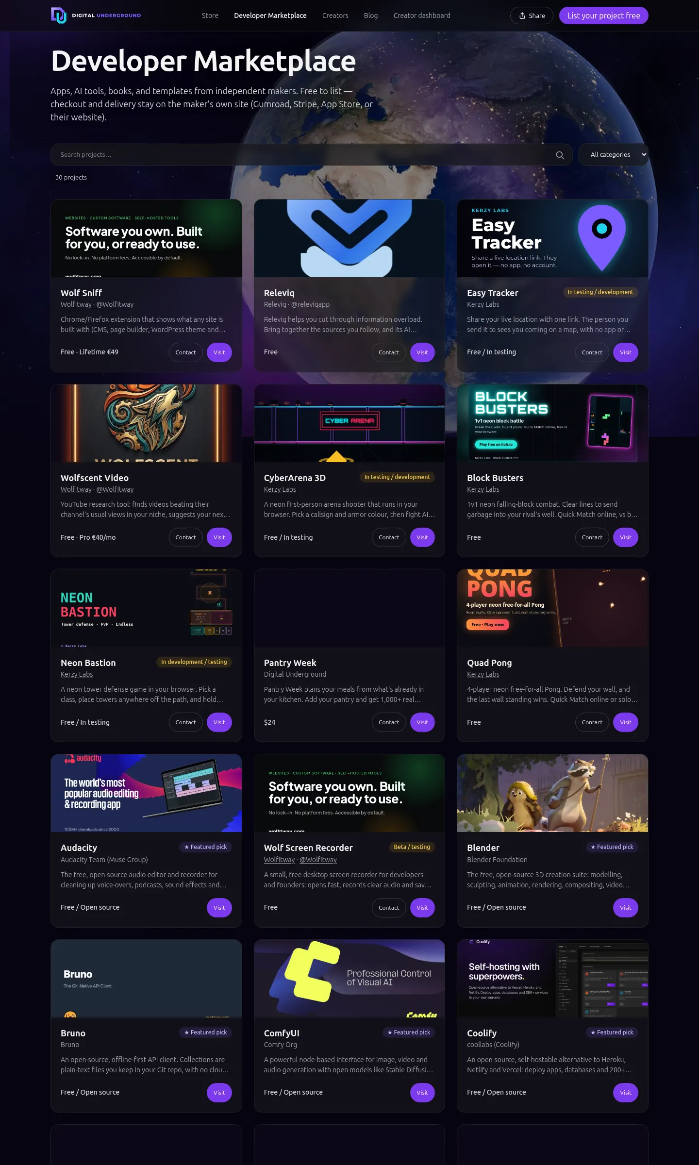Digital Underground Developer Marketplace after the redesign: search, category filter and a grid of project cards.
