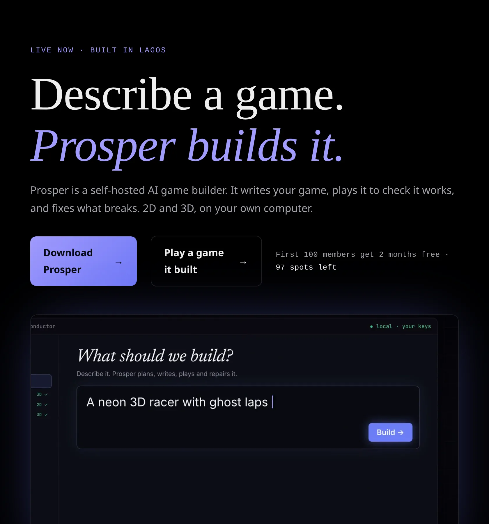 Prosper's landing page: headline 'Describe a game. Prosper builds it.', a Download Prosper button and a live demo of the game builder.