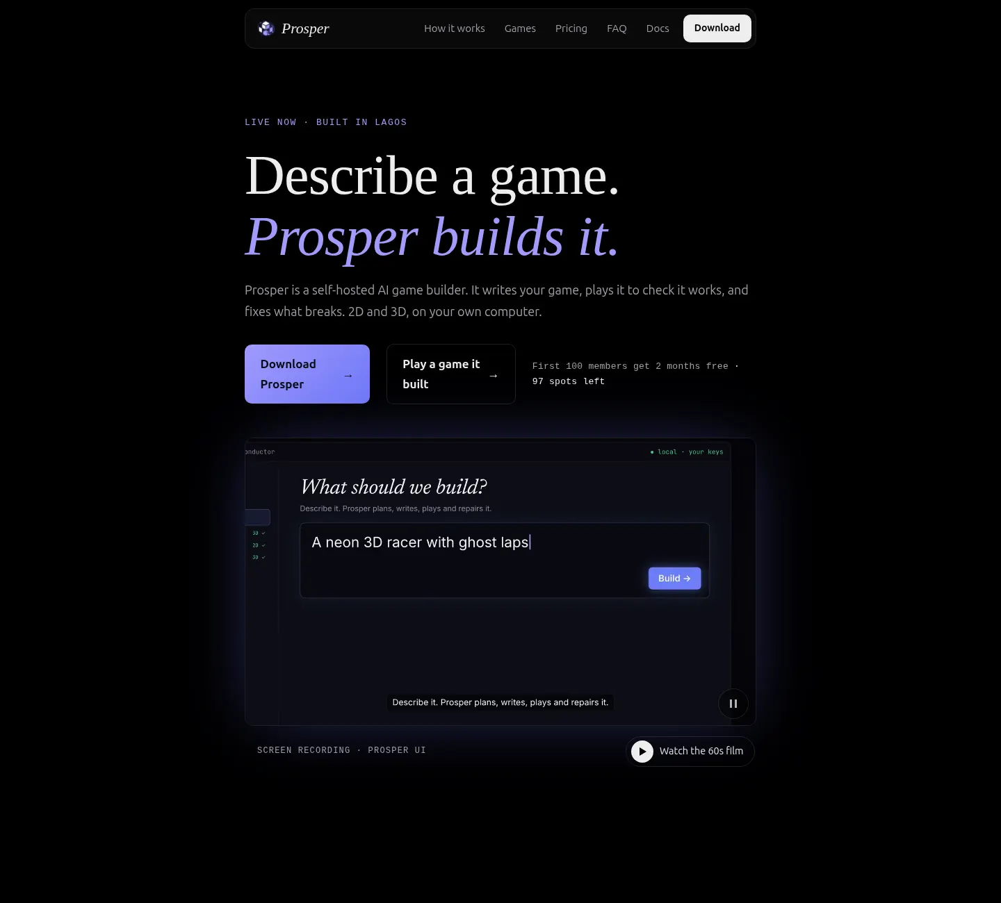 Prosper landing page: headline "Describe a game. Prosper builds it.", download button and a live demo of the game builder.